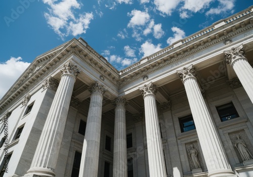 Low angle view of a classical building facade with large columns and a bright blue sky with clouds above it
