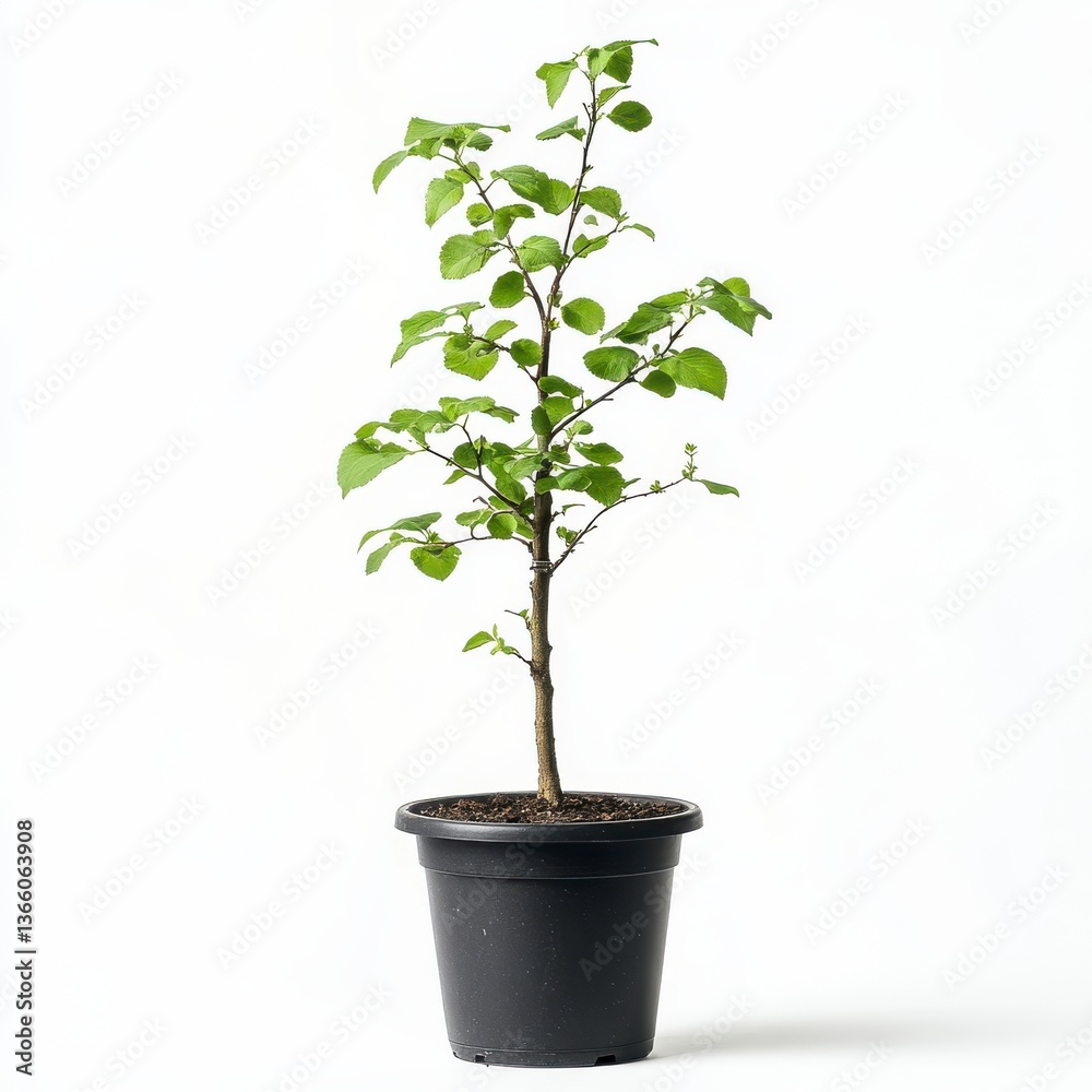 Fototapeta premium Young Green Plant in a Black Pot Against a White Background