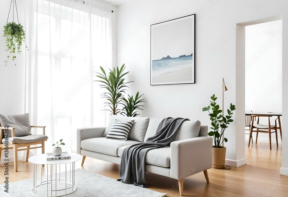 A gray sofa with a blanket and a striped pillow in a living room with plants and a painting on the wall. A gray sofa with a blanket and a striped pillow in a living room with plants and a painting on the wall.