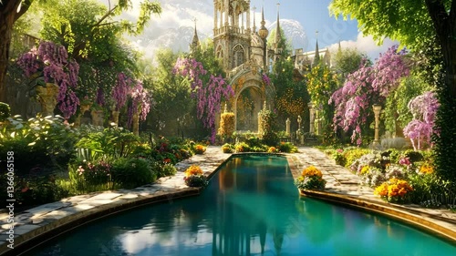 Stunning garden with a tranquil pool surrounded by vibrant flowers and a majestic castle in the background