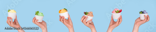 Frozen yogurt assortment. Soft creamy ice cream with chocolate, vanilla, berry, fruit flavors. Various tastes frozen yogurt cup with ingredients - blueberry, chocolate, strawberry, orange, lemon, mint