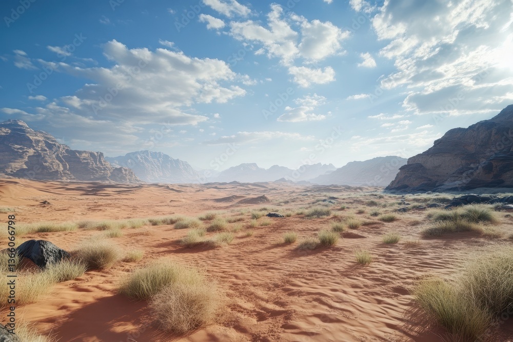 Expansive desert landscape with gentle dunes and distant mountain silhouettes under bright sky Expansive desert landscape with gentle dunes and distant mountain silhouettes under bright sky