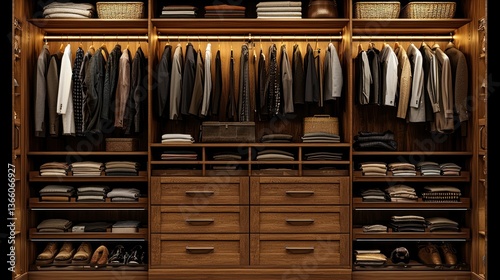 Organized men's clothing in a walk-in closet, interior design