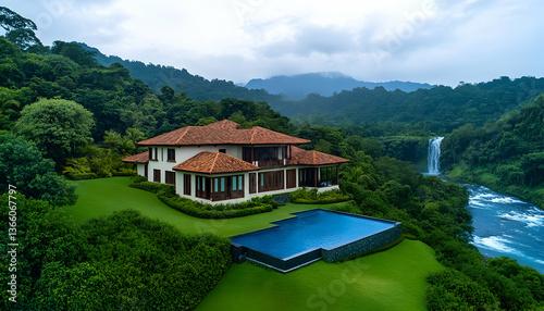 Luxurious villa overlooking a waterfall and river in a tropical landscape