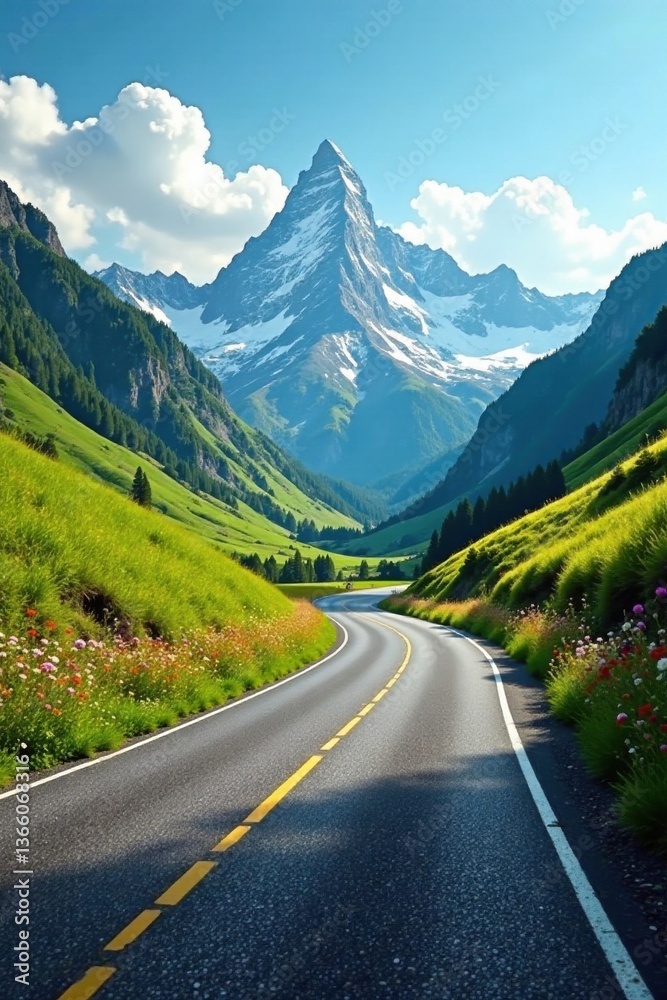 Naklejka premium Asphalt ribbon unwinding towards majestic snow-capped peaks, a scenic drive through vibrant alpine meadows