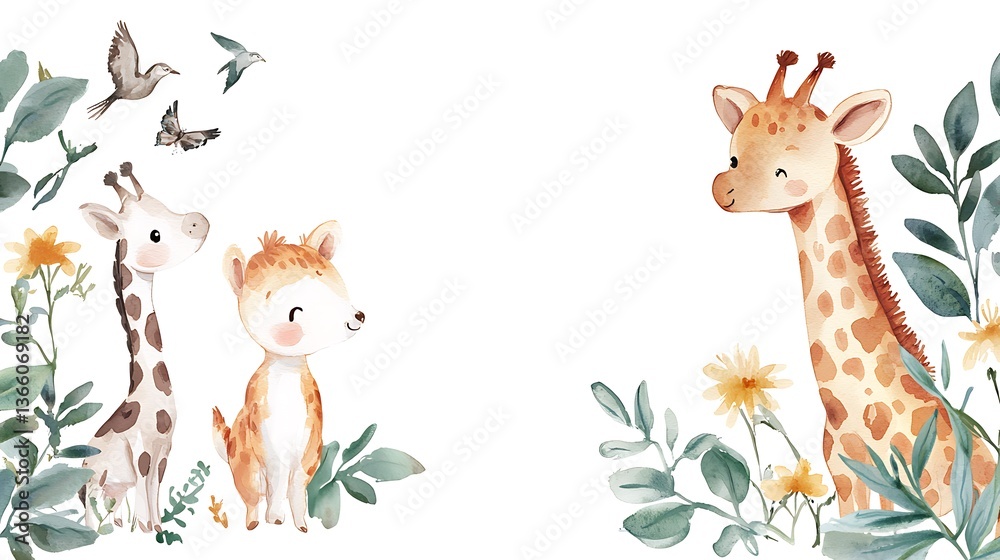Naklejka premium design cute animal with water color style in white background isolated on white,remain space between border each corner 