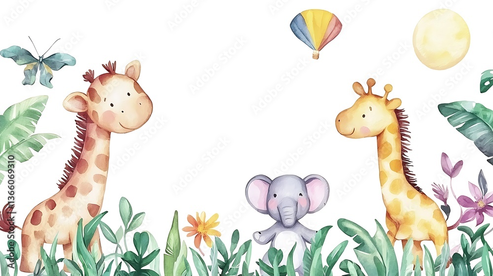 Naklejka premium design cute animal with water color style in white background isolated on white,remain space between border each corner 