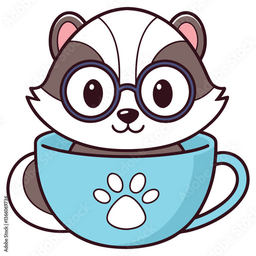 Cartoonish Raccoon in Cup with Paw Print and Blue Glasses on White Background