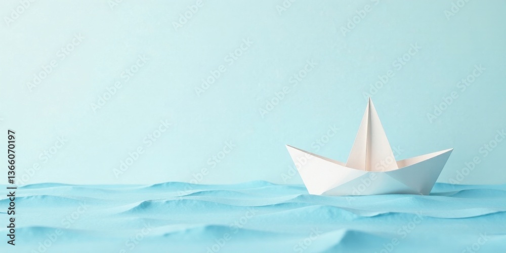 Obraz premium A solitary paper boat navigates a tranquil, textured sea, symbolizing hope, journey, and the simple elegance of handmade crafts.