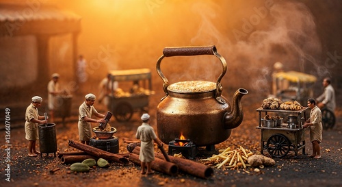 Miniature Tea Vendors Crafting Masala Chai Around a Giant Kettle in a Bustling Indian Street Scene