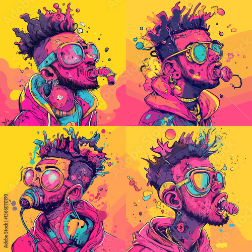 Vibrant urban pop art portraits of a man with goggles and gas mask in neon colors. Graffiti-style artwork perfect for street culture, modern fashion, and edgy design themes