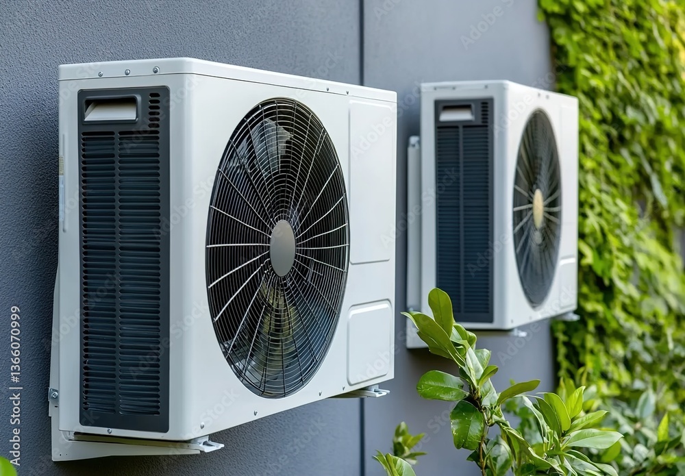 Two white air conditioning outdoor units mounted on a gray wall, surrounded by green vine plants, with a blurred background, blending nature and technology Two white air conditioning outdoor units mounted on a gray wall, surrounded by green vine plants, with a blurred background, blending nature and technology