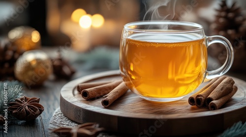 A steaming cup of golden herbal drink, accompanied by aromatic cinnamon sticks, features on a wooden tray, presenting a cozy beverage moment.