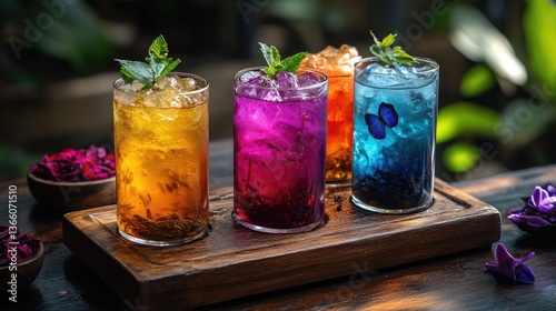 A selection of Thai herbal drinks, including butterfly pea tea, lemongrass tea, and roselle juice, exuding authenticity, showcased on a wooden tray.