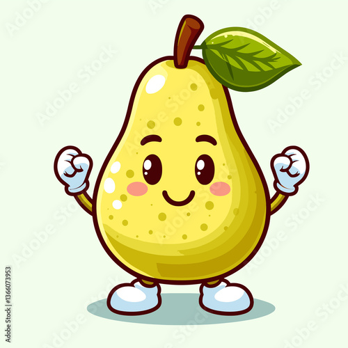 A cartoon pear with a smiling face and white gloves