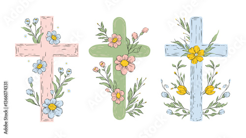 Easter Cross Sketch Set Rustic Collection Jesus Crosses Religion Vector Catholic Floral Vintage Pastel Flowers