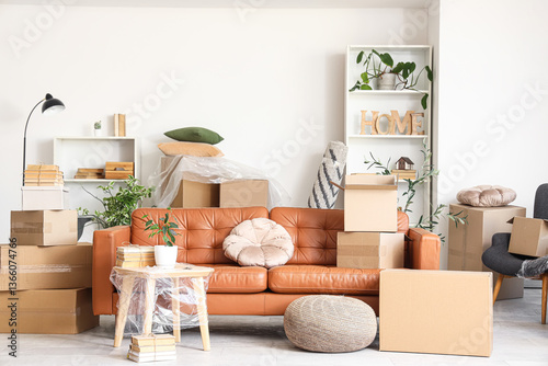 Sofa with table and cardboa...