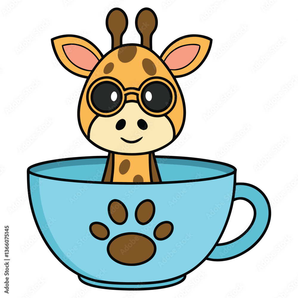 Fototapeta premium Cute Giraffe Cartoon Character with Glasses Inside Blue Cup with Paw Print