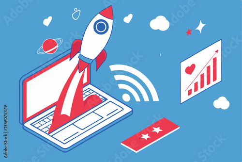91 Social media marketing, rocket launching from laptop, Facebook icons, likes and reactions, wifi symbol, 3D illustration, vibrant blue background, digital growth concept, online engagement, tech sta