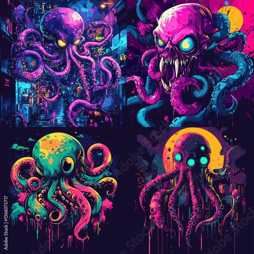 Neon octopus monsters with glowing eyes in a dark urban setting. Horror sci-fi illustration with cyberpunk, alien, and fantasy vibes in vibrant colors and dripping paint style.

