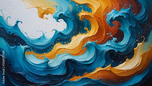 Abstract swirls of blue and orange paint create dynamic, swirling forms