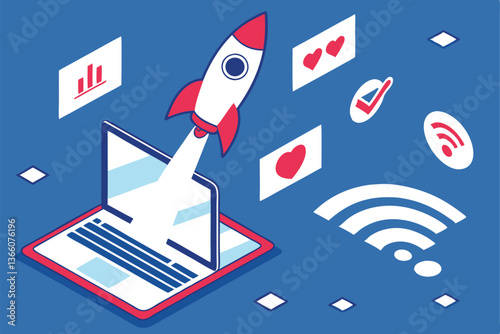 91 Social media marketing, rocket launching from laptop, Facebook icons, likes and reactions, wifi symbol, 3D illustration, vibrant blue background, digital growth concept, online engagement, tech sta