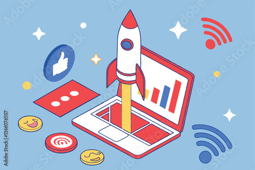 91 Social media marketing, rocket launching from laptop, Facebook icons, likes and reactions, wifi symbol, 3D illustration, vibrant blue background, digital growth concept, online engagement, tech sta