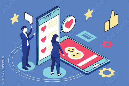 92 Isometric business people, giant smartphone, holographic social media icons, thumbs up, smiley faces, hearts, blue background, digital marketing concept, 3D illustration, vibrant colors, profession
