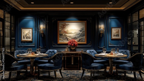 A perfect setting for a five-star dining experience, featuring fine china, ambient lighting, and a sophisticated design in an exquisite hotel dining area with ample copy space.