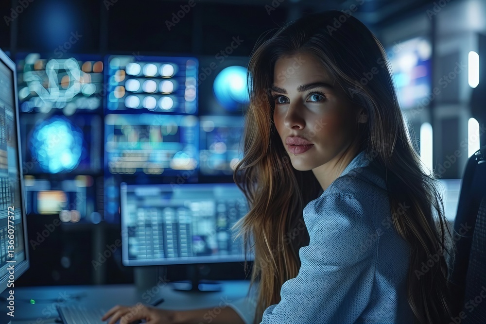 Businesswoman Coding Late at Night in Cybersecurity-Enhanced Office. Businesswoman Coding Late at Night in Cybersecurity-Enhanced Office.