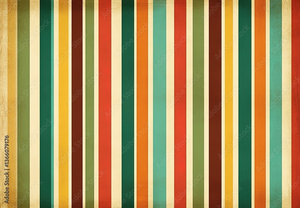 Obraz premium A background of vertical stripes in red, yellow, green, brown, and beige, with a vintage texture, minimalist and retro style, even lighting, evoking a warm nostalgic atmosphere.