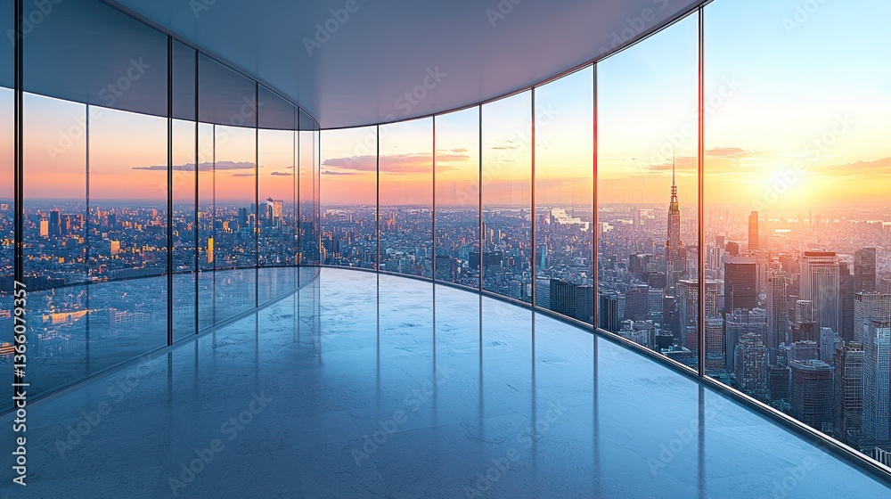 Obraz premium Panoramic city sunset view from modern office