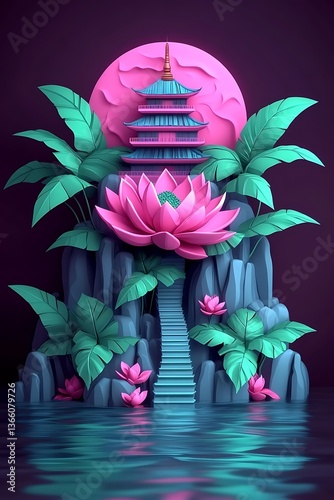 Tranquil lotus garden pagoda scene in vibrant digital illustration