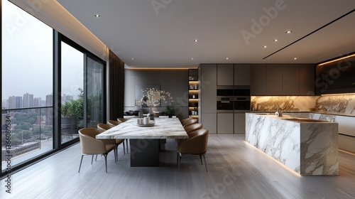 A luxurious marble dining table alongside a modern kitchen features an open-concept condo, showcasing modern living.