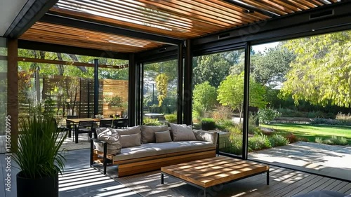 Modern Outdoor Patio with Wooden Pergola and Comfortable Seating