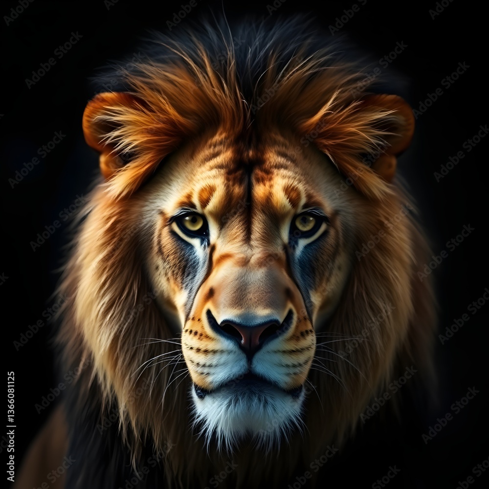 Fototapeta premium A photograph of a lion, the subject sharply focused with a blurred bokeh background. Soft light illuminates the lion, creating diffused shadows and a subtle glow. The color palette is warm and natural