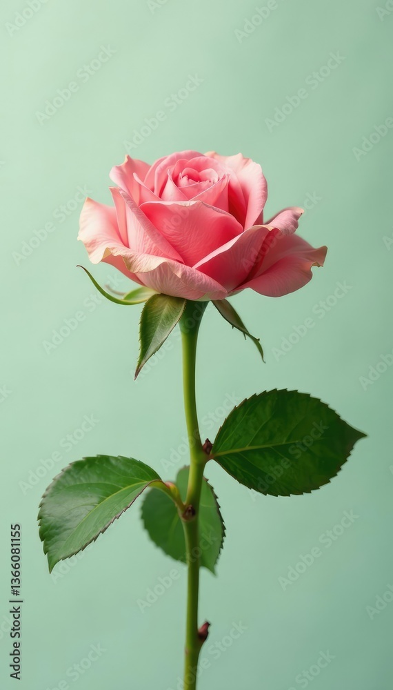 A single rose leaf isolated against a clean background, delicate, green A single rose leaf isolated against a clean background, delicate, green