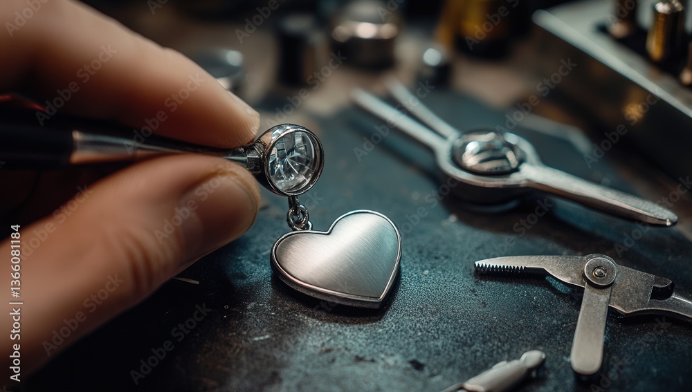 Hand designing a silver heart pendant in a jewelry workshop with precision tools. Hand designing a silver heart pendant in a jewelry workshop with precision tools.