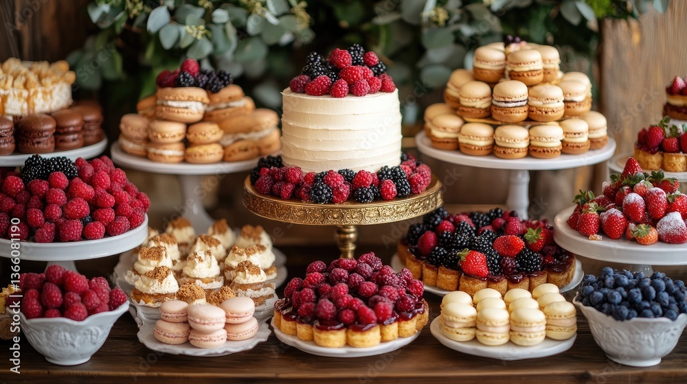 A variety of cakes, macarons, and pastries are featured in an opulent dessert display, elegantly styled with fresh, vibrant berries and gold accents. A variety of cakes, macarons, and pastries are featured in an opulent dessert display, elegantly styled with fresh, vibrant berries and gold accents.