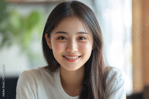 Head shot Asian woman sit indoors look at camera with positive, joyful expression. Profile picture of videoconference participant, smile, record video for vlog. Social media icon, influencer portrait