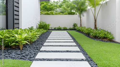 Modern minimalist garden path with lush greenery