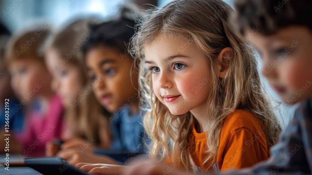 A group of children in a classroom participating in an interactive lesson with educational tools and technology A group of children in a classroom participating in an interactive lesson with educational tools and technology