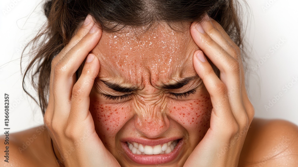 Fototapeta premium Asian woman experiencing face irritation, scratching itchy red spots with a distressed look, isolated on white.