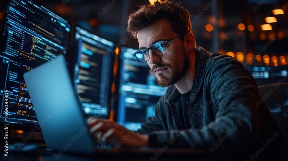 A cybersecurity expert working on a laptop, reviewing security threats and data protection measures on digital screens in a secure office A cybersecurity expert working on a laptop, reviewing security threats and data protection measures on digital screens in a secure office