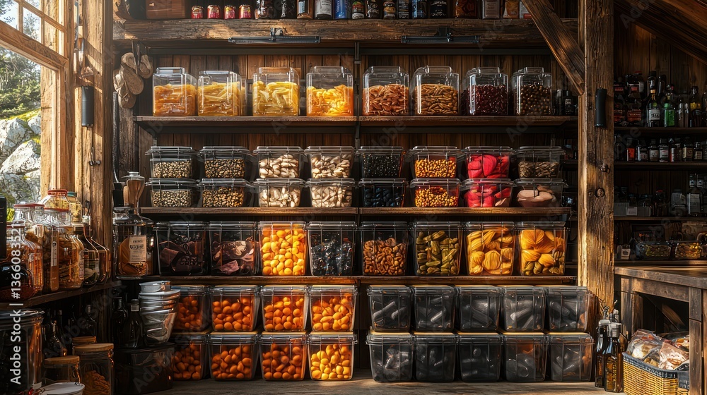 custom made wallpaper toronto digitalSunlit rustic shop; dried fruits, pasta, nuts; wooden shelves; pantry