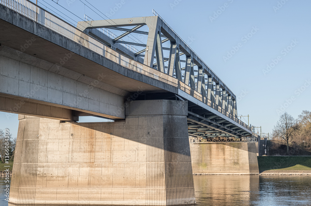 Railway bridge passing over a river with concrete supports Railway bridge passing over a river with concrete supports