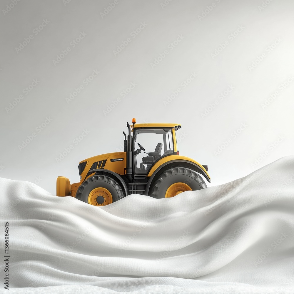 Naklejka premium Yellow tractor with snow plow on white surface, wind turbine on white background 