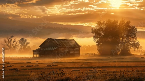 House in the countryside with bright sunset.