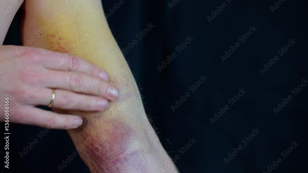 Close up of extensive bruising on man's arm after ruptured biceps, changing colors one day after being injured. Close up of extensive bruising on man's arm after ruptured biceps, changing colors one day after being injured.
