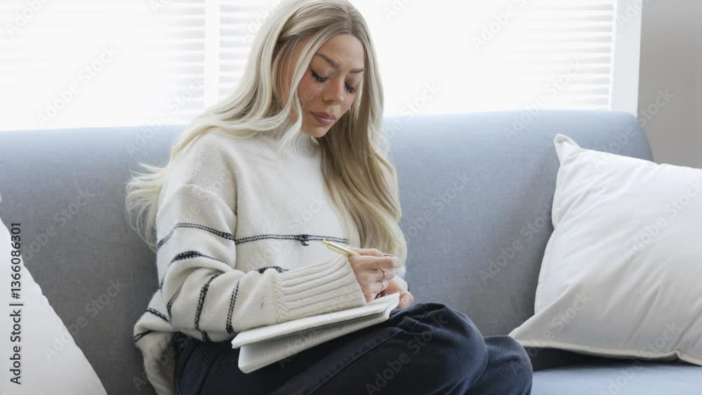 Aesthetic and serene, a young mixed woman lounges in her modern apartment, journaling and enjoying her coffee. She stops occasionally to browse on her phone, looking happy. Aesthetic and serene, a young mixed woman lounges in her modern apartment, journaling and enjoying her coffee. She stops occasionally to browse on her phone, looking happy.